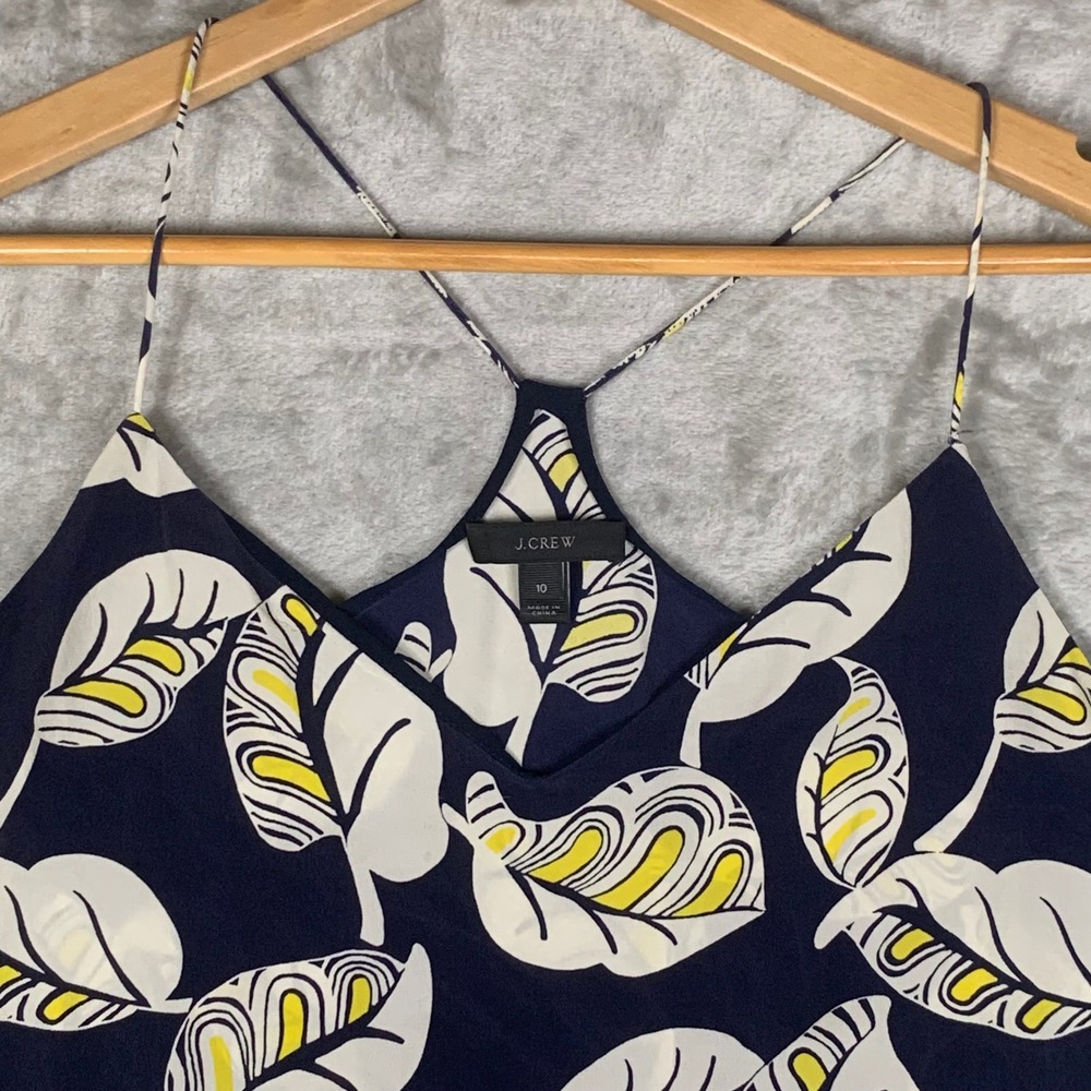 J.Crew Carrie Cami 100% Silk Tropical Leaf Print Navy Blue Tank Top C4268 Sz 10 - Picture 3 of 10